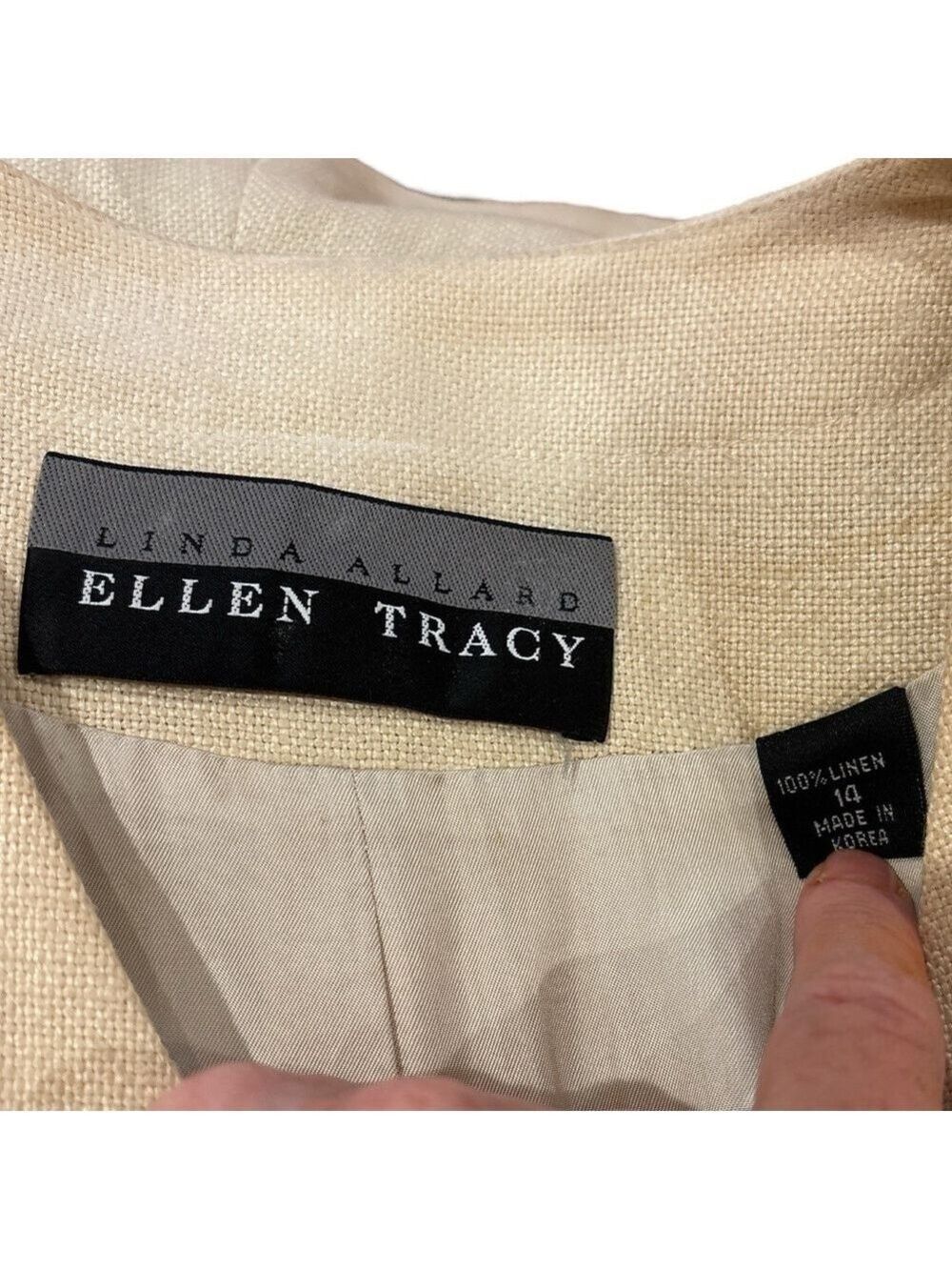 80s A+ELLEN NEUTRAL WOVEN LINEN COLLARLESS BLAZER EFFORTLESS QUIET LUXURY SZ 14 - Picture 6 of 6